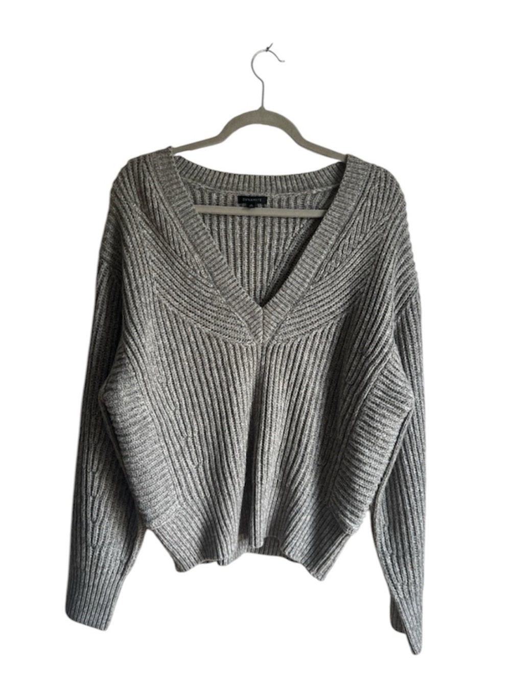Dynamite Light Gray Ribbed Knit Oversized V-Neck Sweater Size M